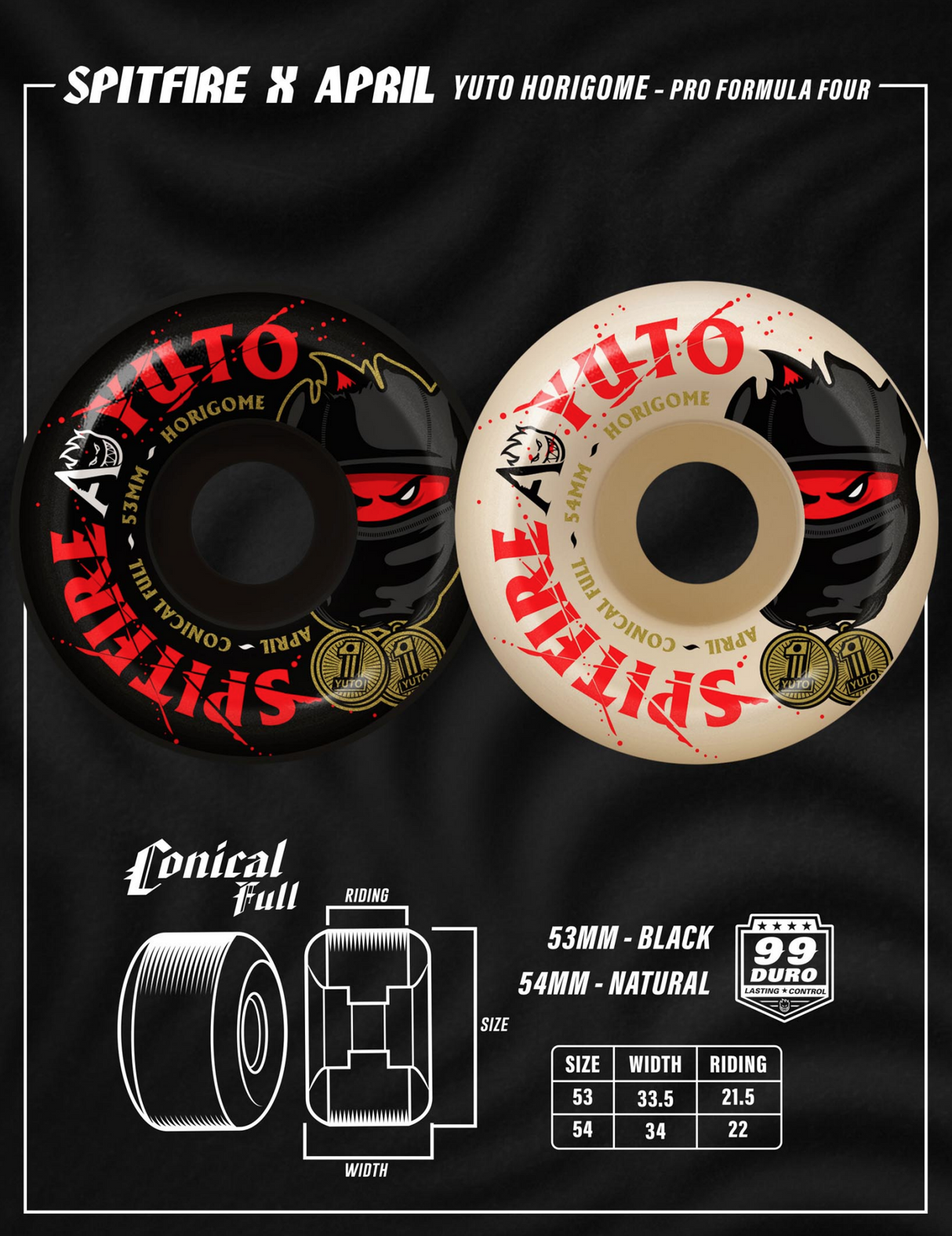 Spitfire x April Yuto Formula Four Conical Full 99D 54mm Natural Skateboard Wheels