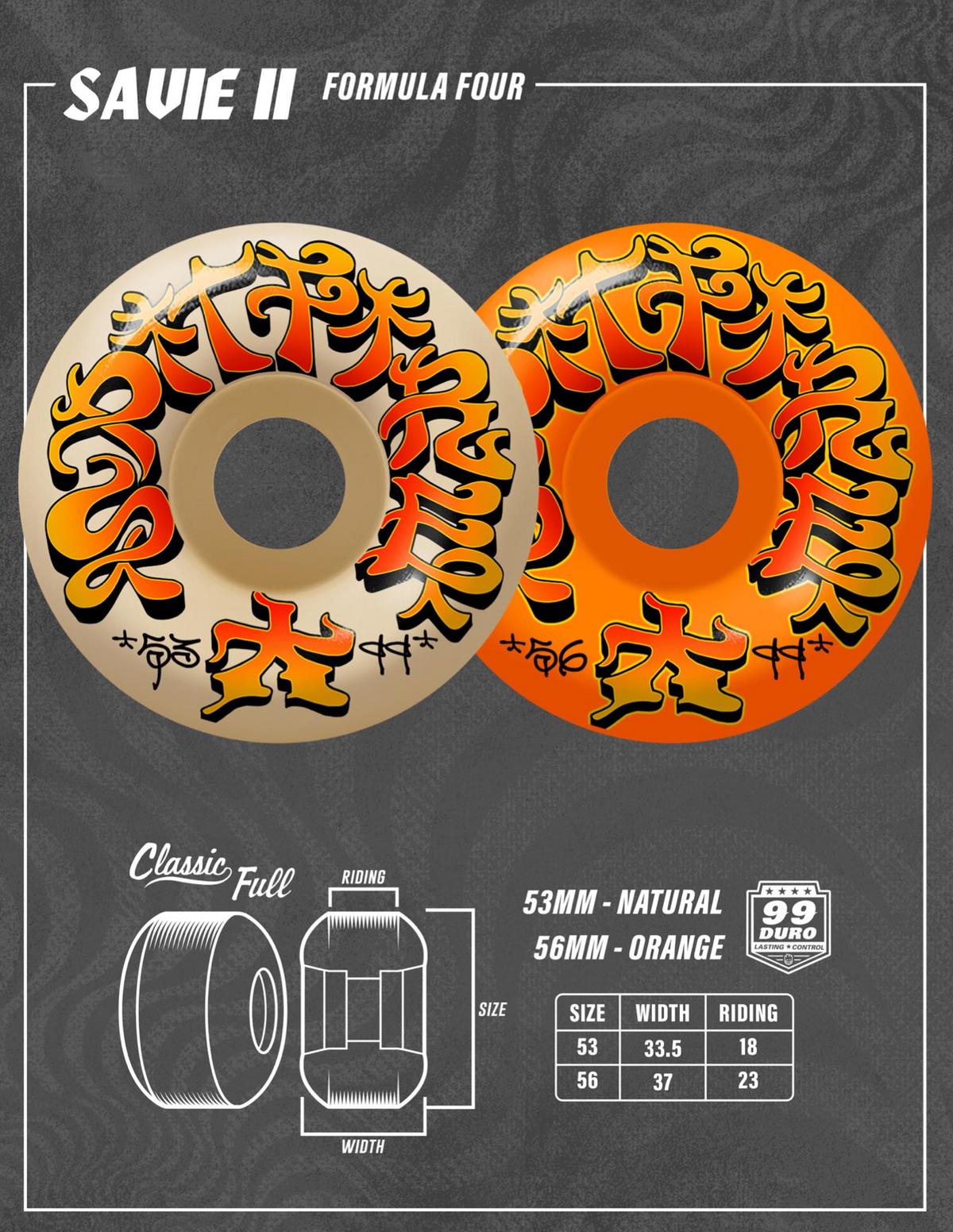 Spitfire F4 99A Savie II Classic Full 56mm Orange Skateboard Wheels