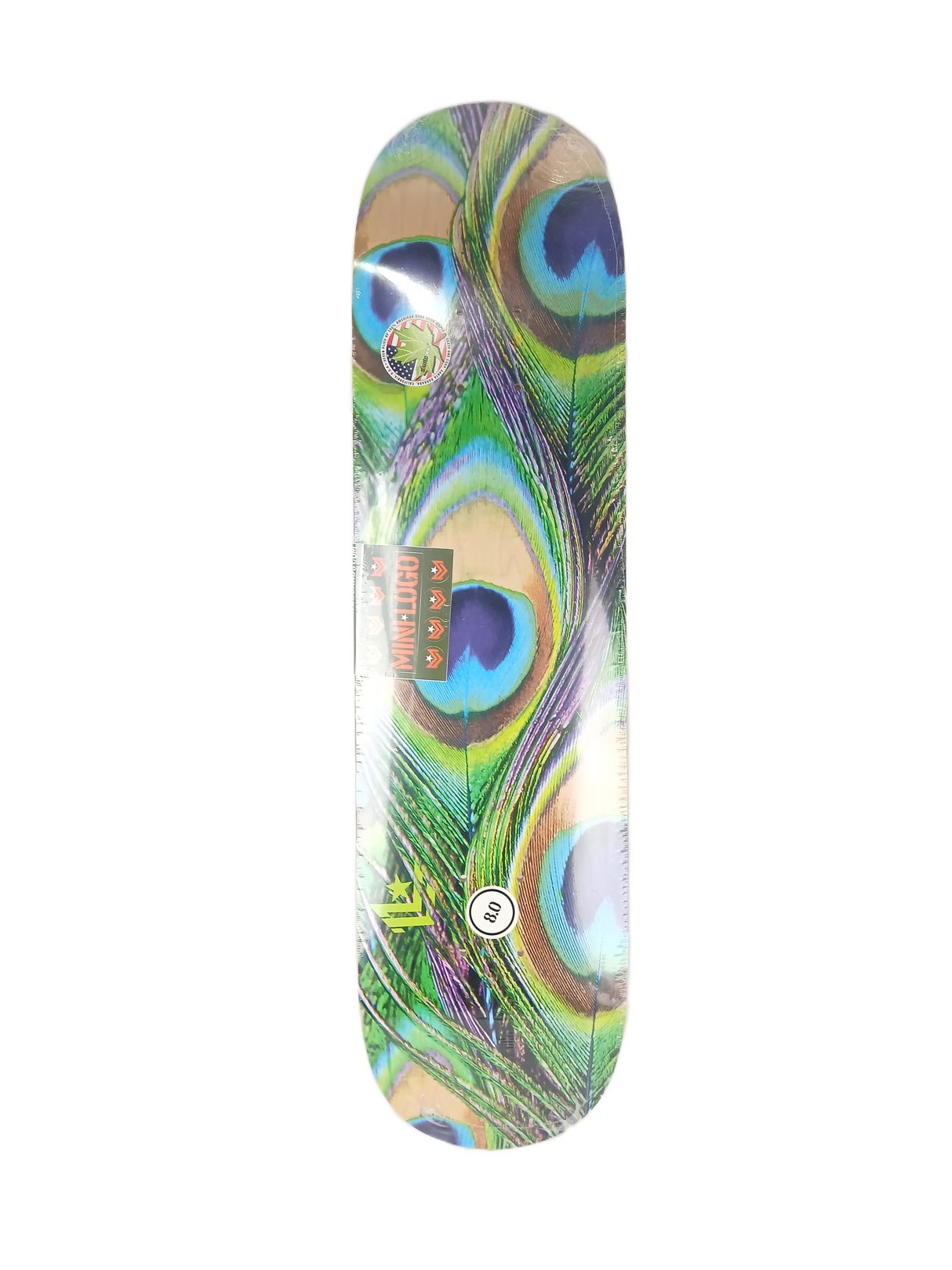 Mini-Logo Maple Peacock Feather Green Multi Size 8.0" Vintage NOS Deck