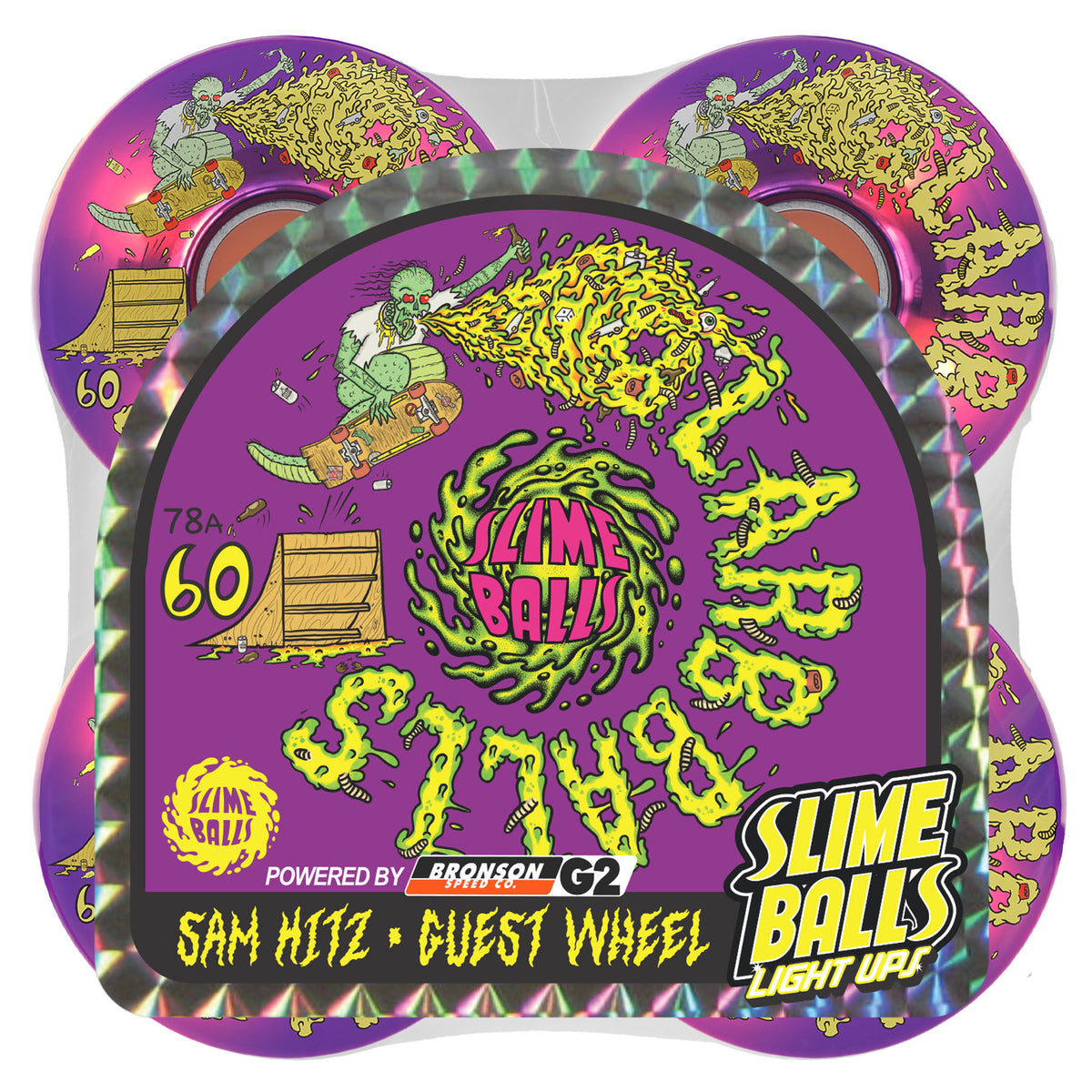 Slime Balls 60mm Sam Hitz Light Ups OG Slime Purple 78a Skateboard Wheels