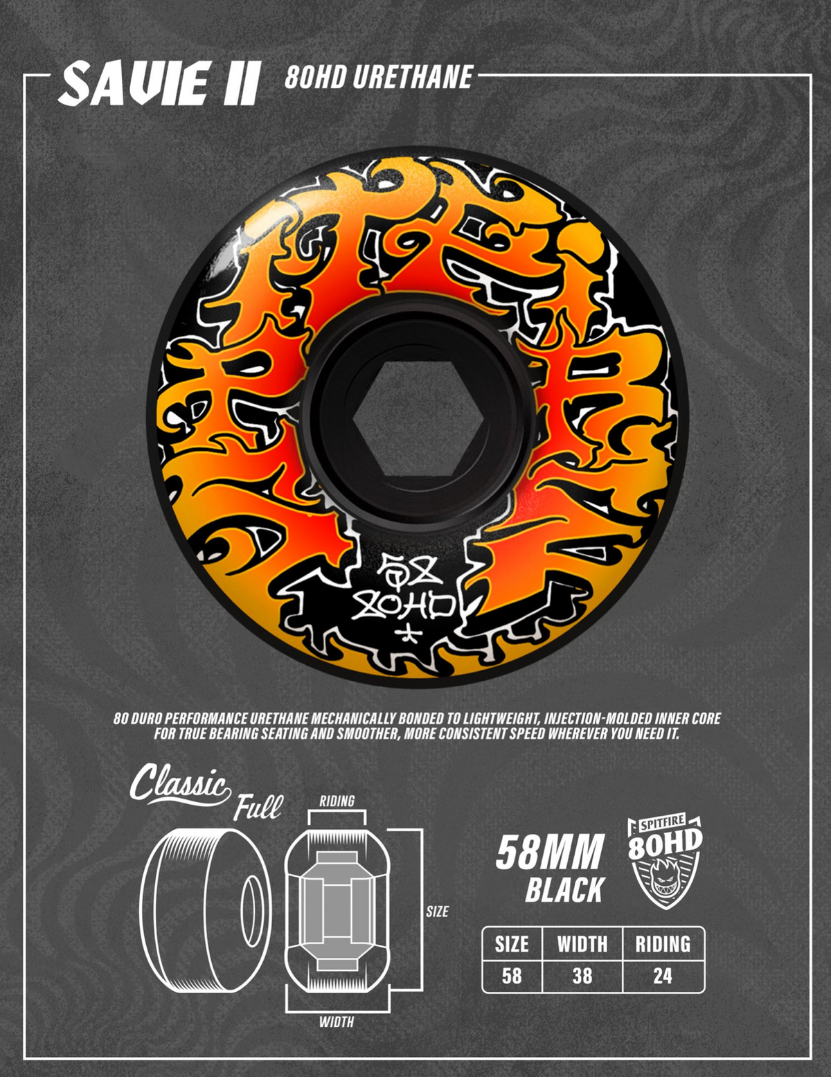 Spitfire 80 Hd Savie II Classic Full 58mm Black Skateboard Wheels