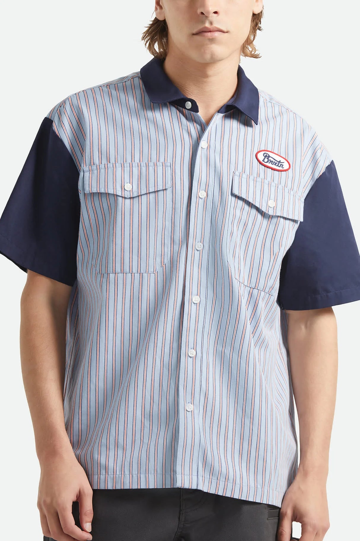 Brixton Builders Olson Blue Aura Stripe S/s Woven Shirt