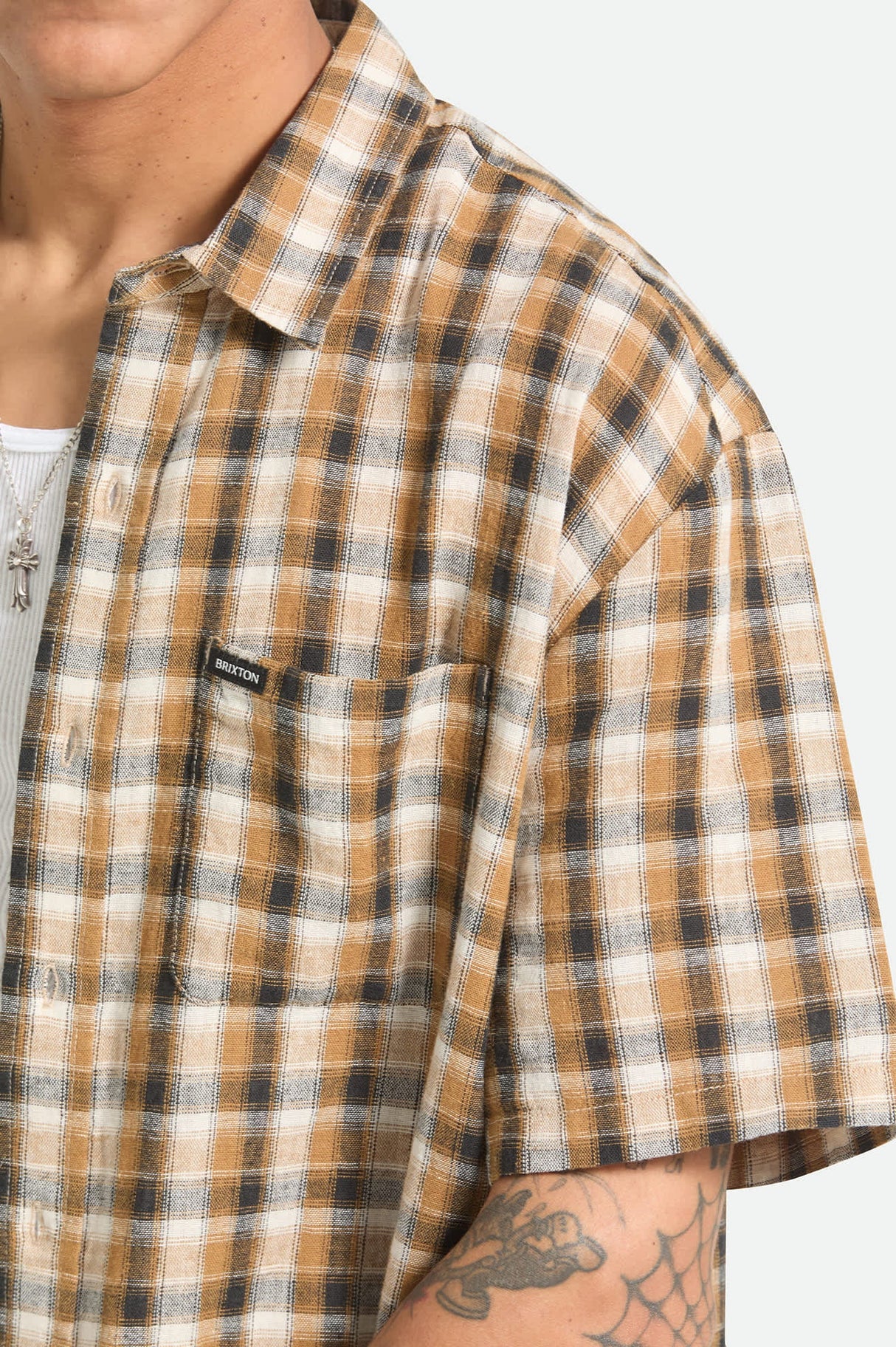 Brixton Cru Linen Blend Plaid Black/Tobacco Plaid S/s Woven Shirt